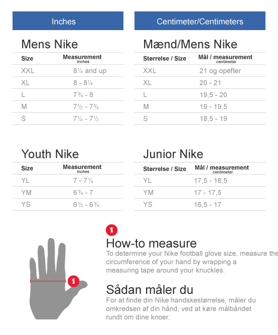 Nike football gloves size chart